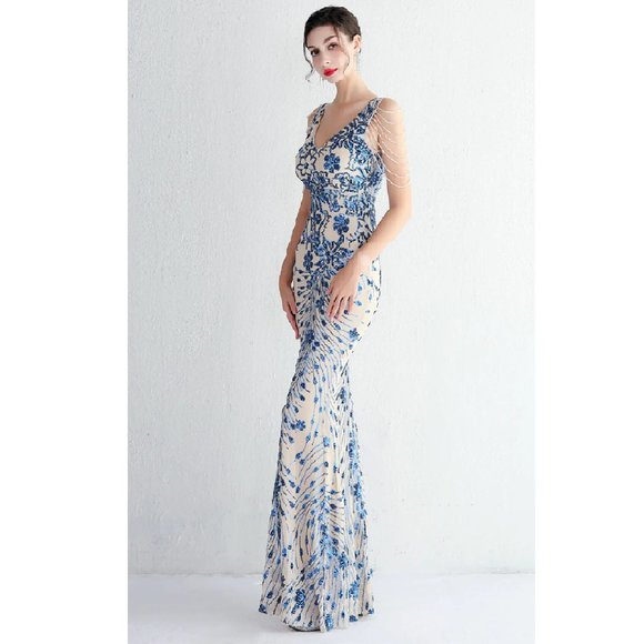 Blue Sequin Dress Glittering Formal Evening Gown Floor Length Event Dress - Picture 3 of 6